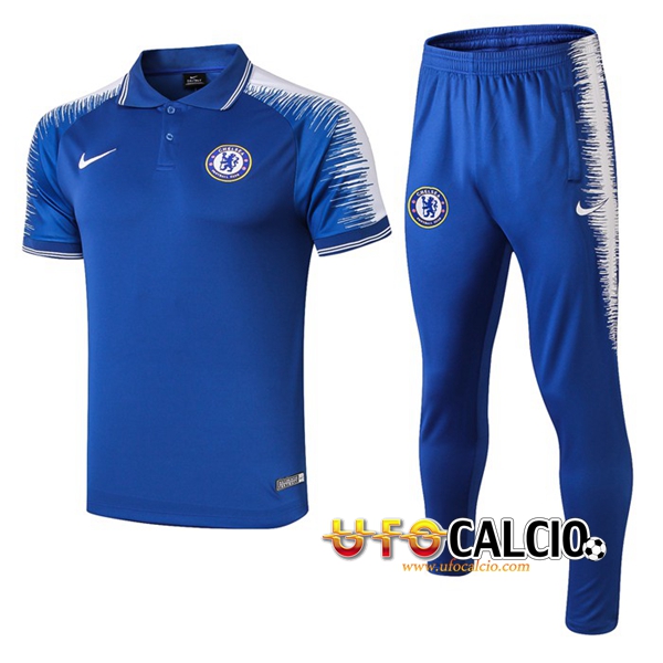 Kit Maglia Polo FC Chelsea + Pantaloni Blu/Bianco 2019 2020
