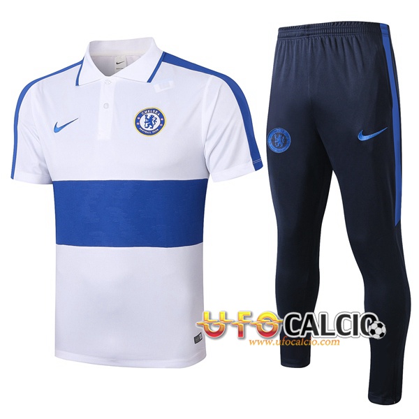 Kit Maglia Polo FC Chelsea + Pantaloni Bianco Blu 2020 2021